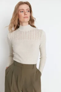 TRENDYOLMİLLA Stone Cellular/Delikli High Neck Fitted/Bodysuit hugging Knitwear Sweater