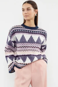 TRENDYOLMİLLA NAVY BLUE Wide Pattern Crew Neck Knitwear Sweater