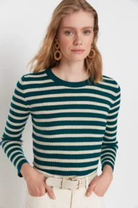 TRENDYOLMİLLA Green Basic Striped Knitwear Sweater - Image 3