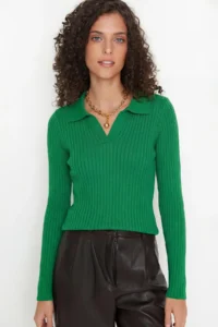 TRENDYOLMİLLA Emerald Green Striped Sleeve Ucu Detailed Polo Shirt Collar Knitwear Sweater - Image 3