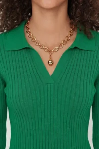 TRENDYOLMİLLA Emerald Green Striped Sleeve Ucu Detailed Polo Shirt Collar Knitwear Sweater - Image 4