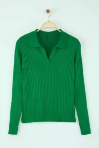 TRENDYOLMİLLA Emerald Green Striped Sleeve Ucu Detailed Polo Shirt Collar Knitwear Sweater - Image 6