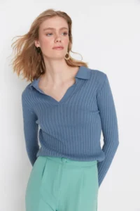 TRENDYOLMİLLA Indigo Sleeve Ucu Detailed Polo Shirt Collar Knitwear Sweater