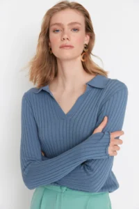 TRENDYOLMİLLA Indigo Sleeve Ucu Detailed Polo Shirt Collar Knitwear Sweater - Image 2