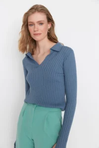 TRENDYOLMİLLA Indigo Sleeve Ucu Detailed Polo Shirt Collar Knitwear Sweater - Image 3