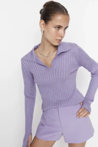 TRENDYOLMİLLA Lilac Sleeve Ucu Detailed Polo Shirt Collar Knitwear Sweater - Image 2