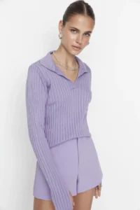 TRENDYOLMİLLA Lilac Sleeve Ucu Detailed Polo Shirt Collar Knitwear Sweater - Image 3