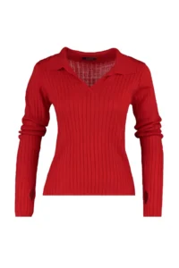 TRENDYOLMİLLA Red Sleeve Ucu Detailed Polo Shirt Collar Knitwear Sweater - Image 7