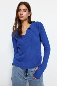 TRENDYOLMİLLA Saks BLUE Sleeve Ucu Detailed Polo Shirt Collar Knitwear Sweater