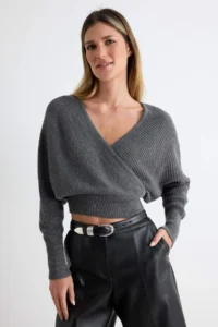 TRENDYOLMİLLA Anthracite Double breasted Balloon Sleeve Crop Knitwear Sweater - Image 2
