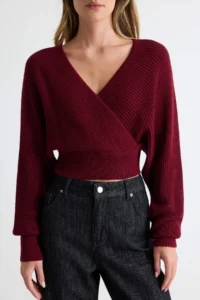 TRENDYOLMİLLA Burgundy Double breasted Balloon Sleeve Crop Knitwear Sweater - Image 4