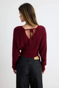 TRENDYOLMİLLA Burgundy Double breasted Balloon Sleeve Crop Knitwear Sweater - Image 5