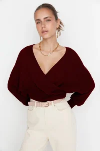 TRENDYOLMİLLA Burgundy Double breasted Balloon Sleeve Crop Knitwear Sweater - Image 6