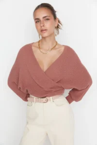 TRENDYOLMİLLA Dusty ROSE Double breasted Balloon Sleeve Crop Knitwear Sweater - Image 2