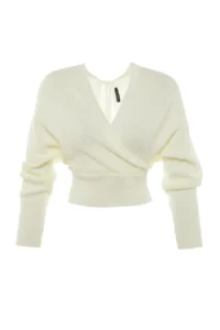 TRENDYOLMİLLA Ecru Double breasted Balloon Sleeve Crop Knitwear Sweater - Image 12