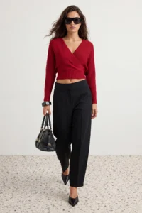 TRENDYOLMİLLA Red Double breasted Balloon Sleeve Crop Knitwear Sweater