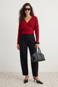 TRENDYOLMİLLA Red Double breasted Balloon Sleeve Crop Knitwear Sweater - Image 2