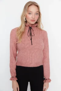 TRENDYOLMİLLA Dusty ROSE Soft textured Cellular/Perforated Ribbon/Bow Detailed Knitwear Sweater - Image 3