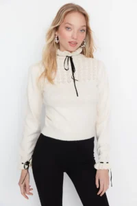 TRENDYOLMİLLA Ecru Soft textured Cellular/Perforated Ribbon/Bow Detailed Knitwear Sweater - Image 2