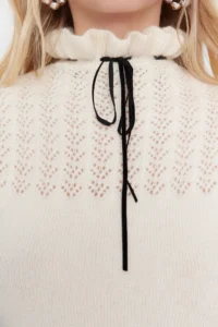 TRENDYOLMİLLA Ecru Soft textured Cellular/Perforated Ribbon/Bow Detailed Knitwear Sweater - Image 4