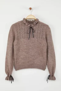 TRENDYOLMİLLA Mink Soft textured Cellular/Perforated Ribbon/Bow Detailed Knitwear Sweater - Image 5