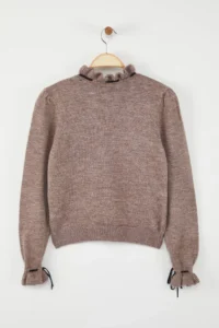 TRENDYOLMİLLA Mink Soft textured Cellular/Perforated Ribbon/Bow Detailed Knitwear Sweater - Image 6
