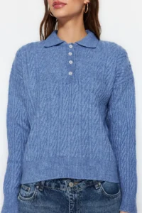 TRENDYOLMİLLA BLUE Wide Pattern Soft textured Knitwear Sweater - Image 3