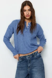 TRENDYOLMİLLA BLUE Wide Pattern Soft textured Knitwear Sweater - Image 5