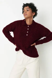 TRENDYOLMİLLA Burgundy Wide Pattern Soft textured Knitwear Sweater