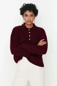 TRENDYOLMİLLA Burgundy Wide Pattern Soft textured Knitwear Sweater - Image 2