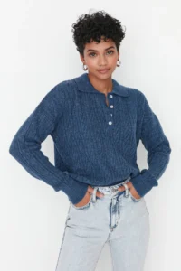 TRENDYOLMİLLA Indigo Wide Pattern Soft textured Knitwear Sweater