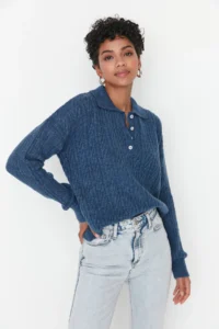 TRENDYOLMİLLA Indigo Wide Pattern Soft textured Knitwear Sweater - Image 2