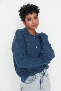 TRENDYOLMİLLA Indigo Wide Pattern Soft textured Knitwear Sweater - Image 3