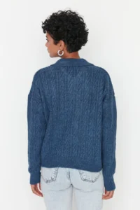 TRENDYOLMİLLA Indigo Wide Pattern Soft textured Knitwear Sweater - Image 5