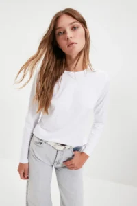 TRENDYOLMİLLA WHITE 100% Cotton Long Sleeve Crew Neck Regular/Normal Pattern Basic Knitting T-Shirt - Image 14