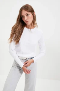 TRENDYOLMİLLA WHITE 100% Cotton Long Sleeve Crew Neck Regular/Normal Pattern Basic Knitting T-Shirt - Image 16