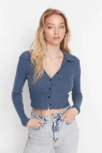 TRENDYOLMİLLA Indigo Button Detailed Fitted Crop Polo Shirt Collar Ribbed Flexible Knitting Blouse - Image 7