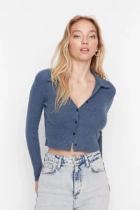 TRENDYOLMİLLA Indigo Button Detailed Fitted Crop Polo Shirt Collar Ribbed Flexible Knitting Blouse - Image 8