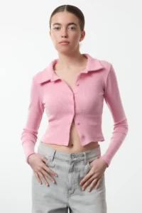 TRENDYOLMİLLA PINK Button Detailed Fitted Crop Polo Shirt Collar Ribbed Flexible Knitting Blouse