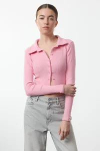 TRENDYOLMİLLA PINK Button Detailed Fitted Crop Polo Shirt Collar Ribbed Flexible Knitting Blouse - Image 2