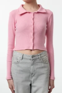 TRENDYOLMİLLA PINK Button Detailed Fitted Crop Polo Shirt Collar Ribbed Flexible Knitting Blouse - Image 3