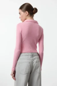 TRENDYOLMİLLA PINK Button Detailed Fitted Crop Polo Shirt Collar Ribbed Flexible Knitting Blouse - Image 5