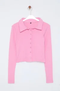 TRENDYOLMİLLA PINK Button Detailed Fitted Crop Polo Shirt Collar Ribbed Flexible Knitting Blouse - Image 6