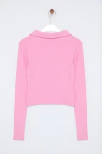 TRENDYOLMİLLA PINK Button Detailed Fitted Crop Polo Shirt Collar Ribbed Flexible Knitting Blouse - Image 7