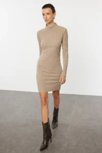 TRENDYOLMİLLA Mink Mini Knitwear High Neck Dress