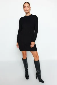 TRENDYOLMİLLA Black Mini Knitwear Crew Neck Dress - Image 3