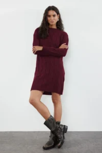 TRENDYOLMİLLA Burgundy Hair Knitting Mini Mini Knitwear Crew Neck Knit Dress - Image 3