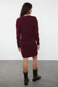 TRENDYOLMİLLA Burgundy Hair Knitting Mini Mini Knitwear Crew Neck Knit Dress - Image 5