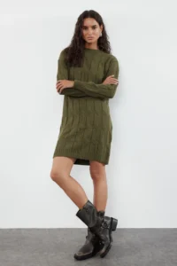TRENDYOLMİLLA Khaki Mini Knitwear Crew Neck Dress - Image 2