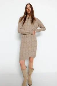 TRENDYOLMİLLA Mink Mini Knitwear Crew Neck Dress